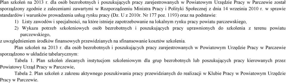 Społecznej z dnia 14 września 2010 r. w sprawie standardów i warunków prowadzenia usług rynku pracy (Dz. U z 2010r. Nr 177 poz.