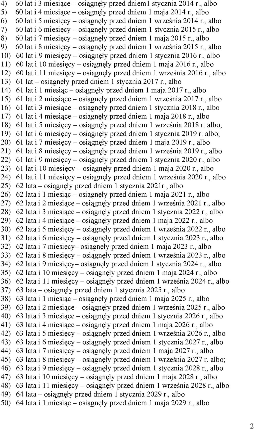 , albo 9) 60 lat i 8 miesięcy osiągnęły przed dniem 1 września 2015 r., albo 10) 60 lat i 9 miesięcy osiągnęły przed dniem 1 stycznia 2016 r.