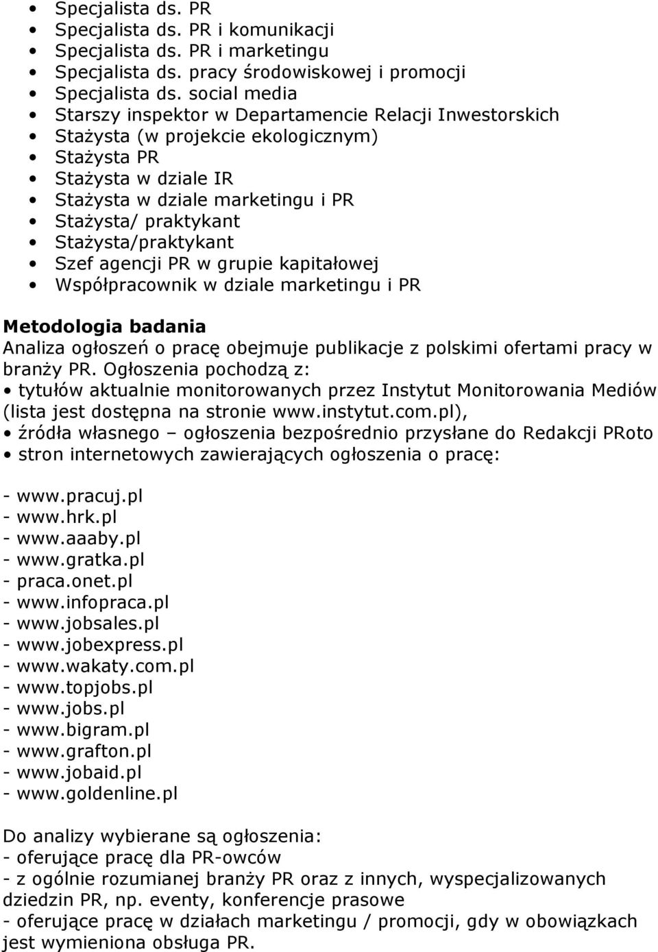 StaŜysta/praktykant Szef agencji PR w grupie kapitałowej Współpracownik w dziale marketingu i PR Metodologia badania Analiza ogłoszeń o pracę obejmuje publikacje z polskimi ofertami pracy w branŝy PR.