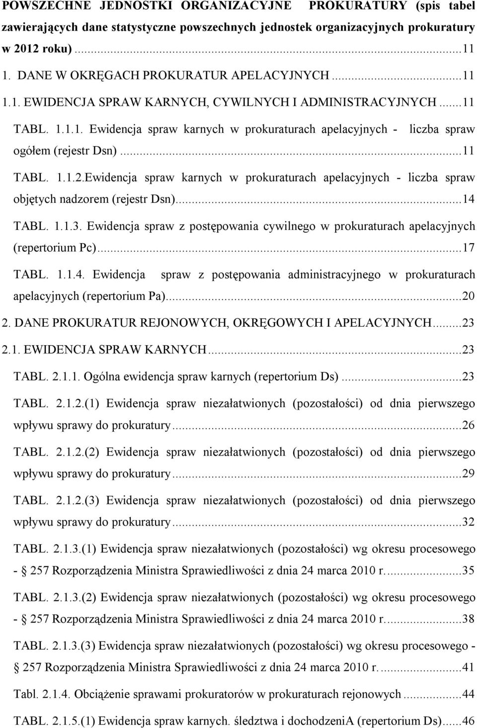 .. 11 TABL. 1.1.2.Ewidencja spraw karnych w prokuraturach apelacyjnych - liczba spraw objętych nadzorem (rejestr Dsn)... 14 TABL. 1.1.3.