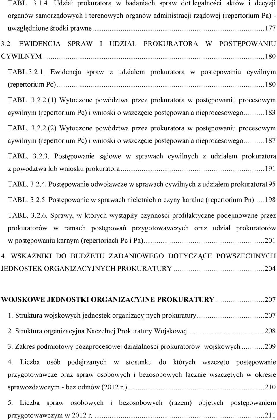 .. 183 TABL. 3.2.2.(2) Wytoczone powództwa przez prokuratora w postępowaniu procesowym cywilnym (repertorium Pc) i wnioski o wszczęcie postępowania nieprocesowego... 187 TABL. 3.2.3. Postępowanie sądowe w sprawach cywilnych z udziałem prokuratora z powództwa lub wniosku prokuratora.