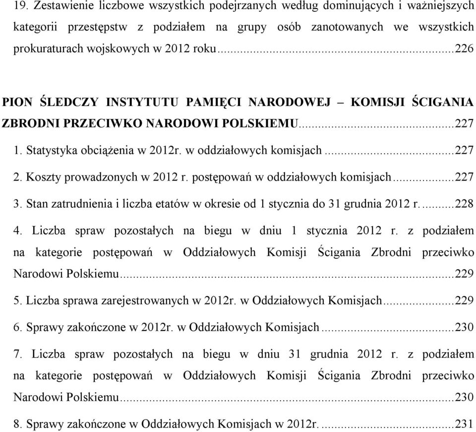 Koszty prowadzonych w 2012 r. postępowań w oddziałowych komisjach... 227 3. Stan zatrudnienia i liczba etatów w okresie od 1 stycznia do 31 grudnia 2012 r.... 228 4.