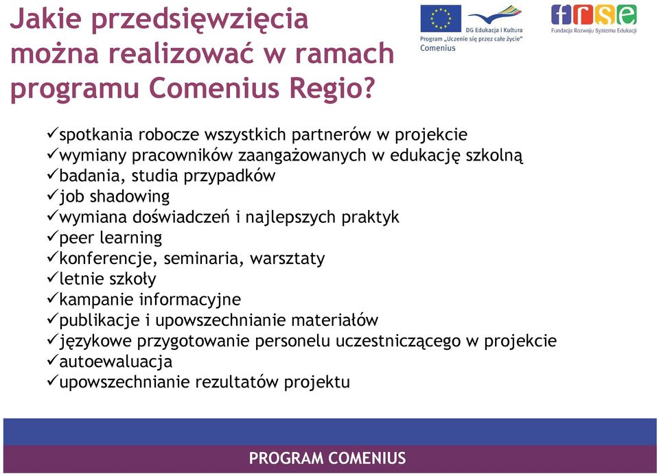 przypadków job shadowing wymiana doświadczeń i najlepszych praktyk peer learning konferencje, seminaria, warsztaty letnie