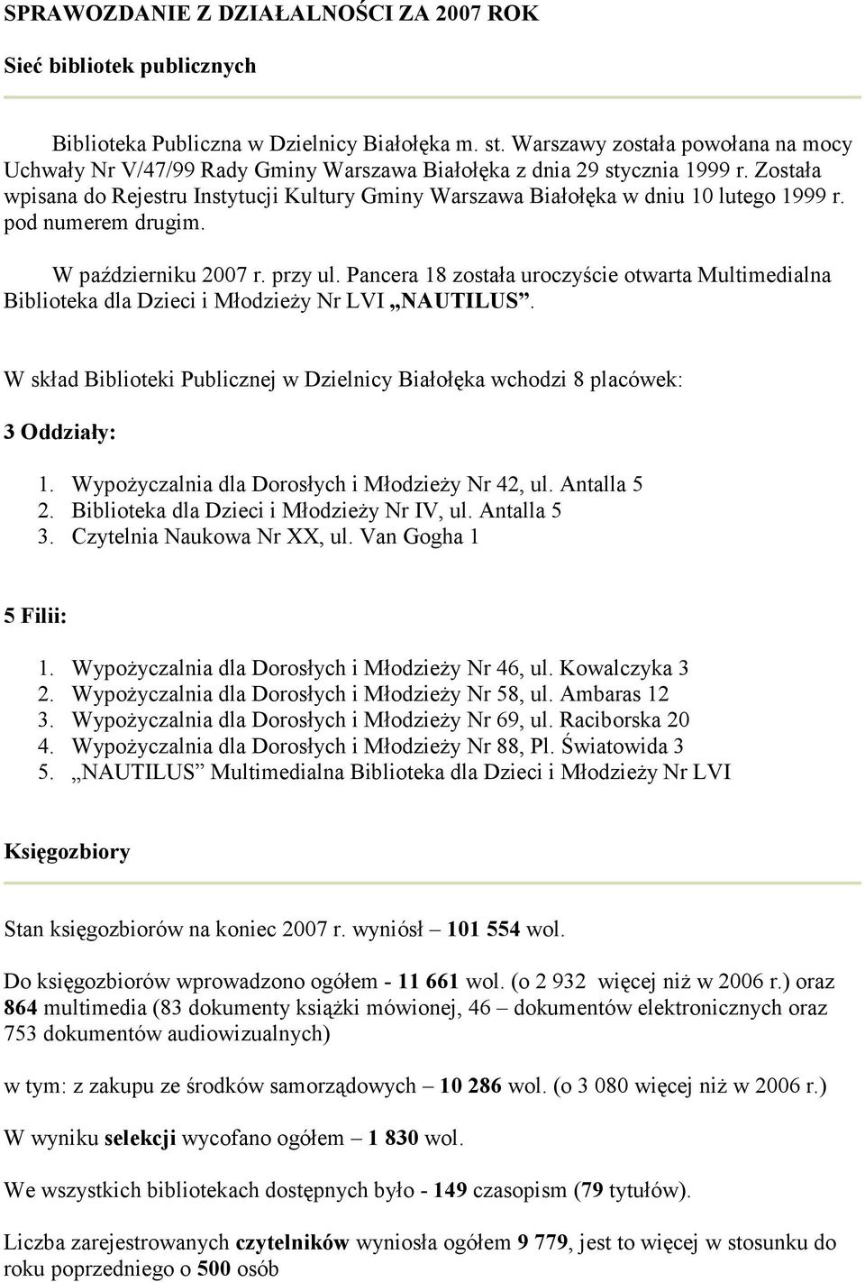 Została wpisana do Rejestru Instytucji Kultury Gminy Warszawa Białołęka w dniu 10 lutego 1999 r. pod numerem drugim. W październiku 2007 r. przy ul.