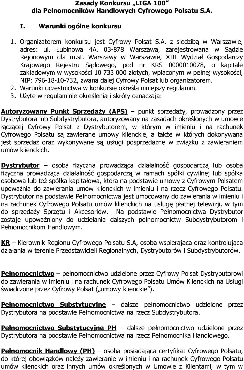 Zasady Konkursu LIGA 100 dla Pełnomocników Handlowych Cyfrowego Polsatu  S.A. - PDF Darmowe pobieranie