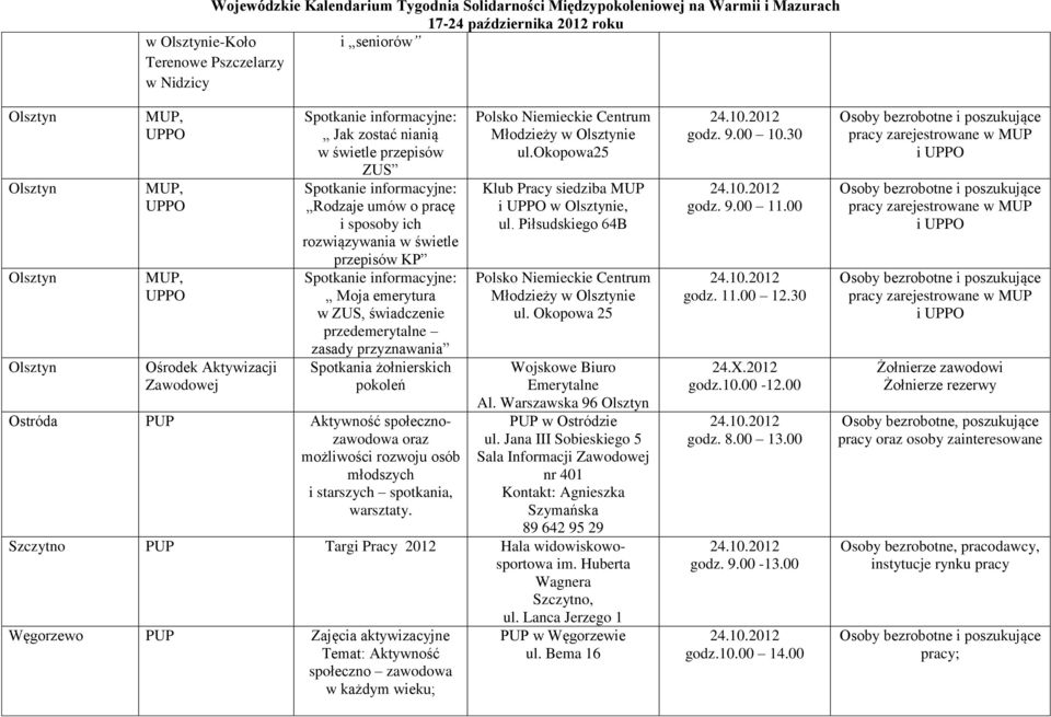 żołnierskich pokoleń Ostróda Aktywność społecznozawodowa oraz możliwości rozwoju osób młodszych i starszych spotkania, warsztaty. Polsko Niemieckie Centrum Młodzieży w ie ul.