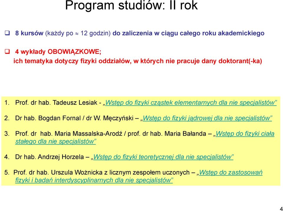 Męczyński Wstęp do fizyki jądrowej dla nie specjalistów 3. Prof. dr hab. Maria Massalska-Arodź / prof. dr hab. Maria Bałanda Wstęp do fizyki ciała stałego dla nie specjalistów 4.
