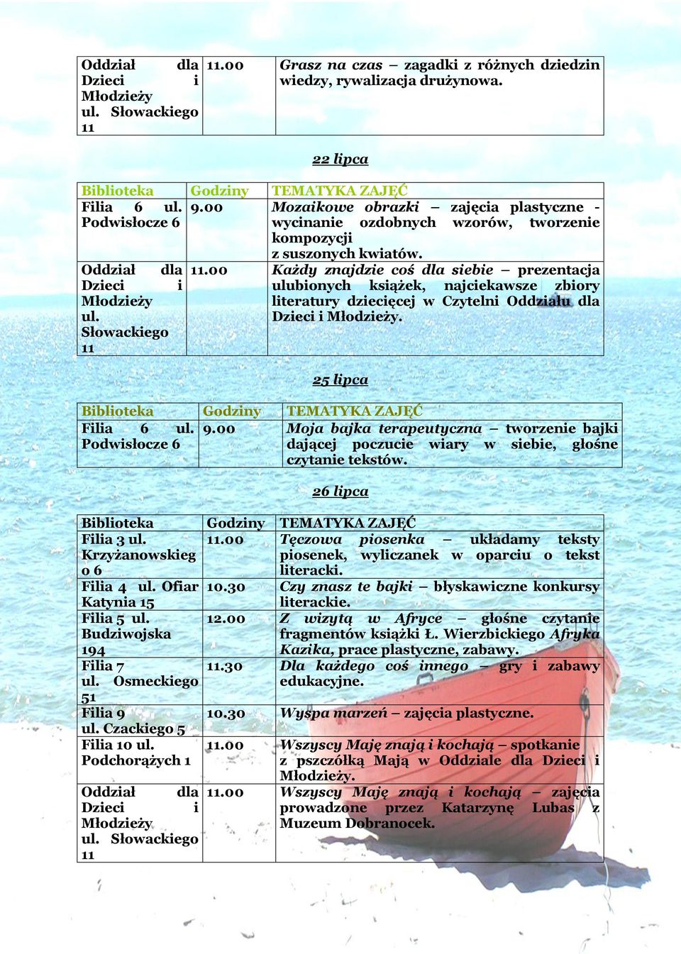 .00 Każdy znajdze coś dla sebe prezentacja ulubonych ksążek, najcekawsze zbory lteratury dzecęcej w Czyteln Oddzału dla. 25 lpca Fla 6 9.