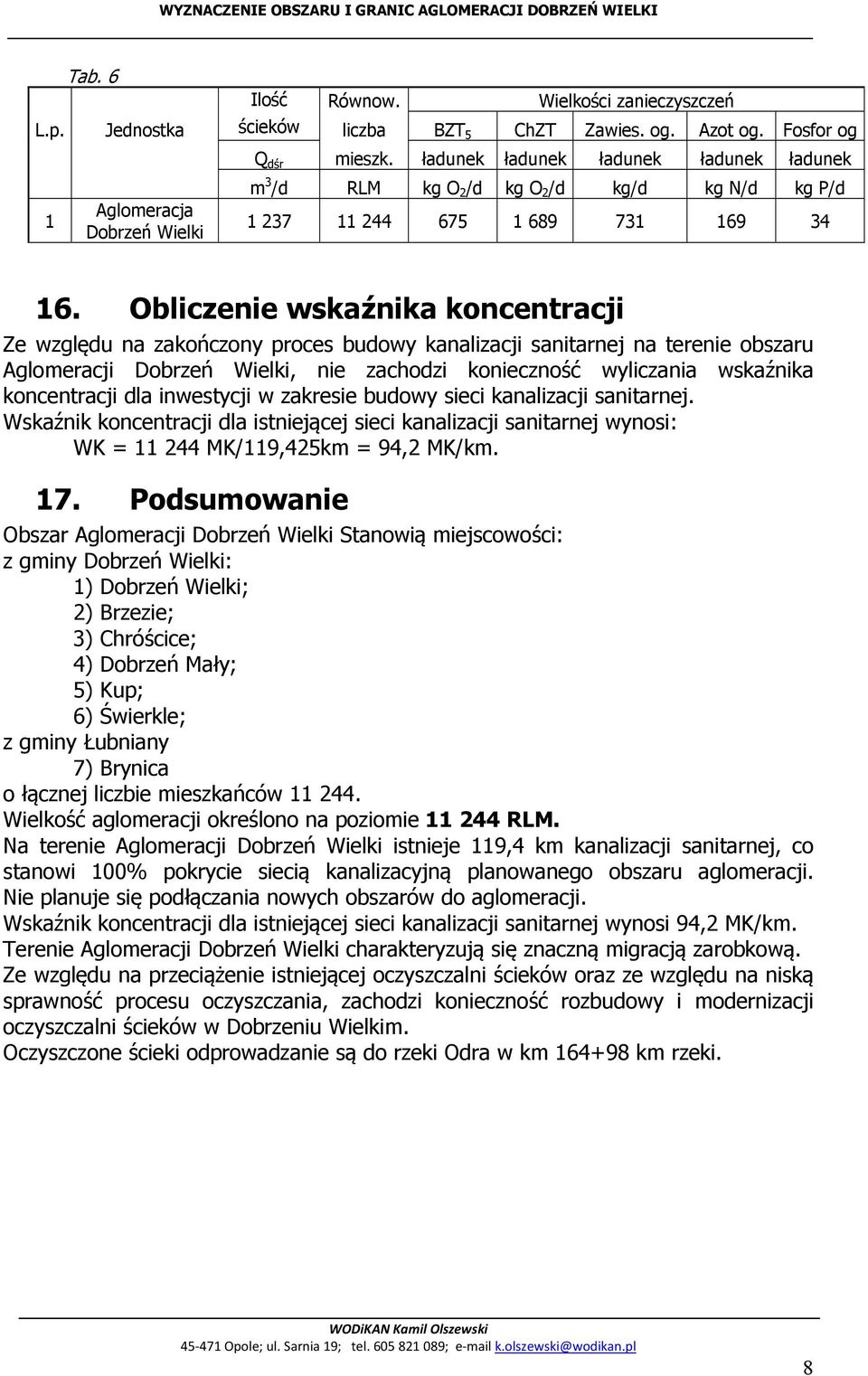 Obliczenie wskaźnika koncentracji Ze względu na zakończony proces budowy kanalizacji sanitarnej na terenie obszaru Aglomeracji Dobrzeń Wielki, nie zachodzi konieczność wyliczania wskaźnika