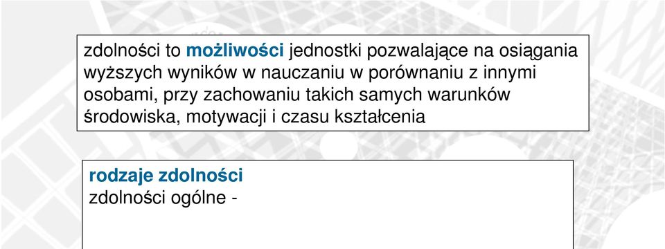 zdolności zdolności ogólne - akademickie, poznawcze, inteligencja uzdolnienia kierunkowe zdolności twórcze