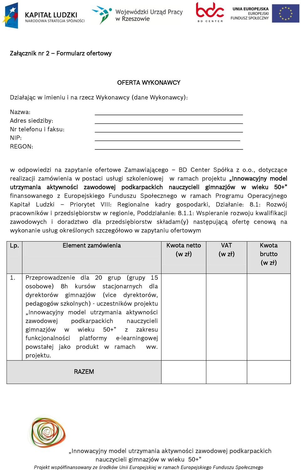 finansowanego z Europejskiego Funduszu Społecznego w ramach Programu Operacyjnego Kapitał Ludzki Priorytet VIII: Regionalne kadry gospodarki, Działanie: 8.