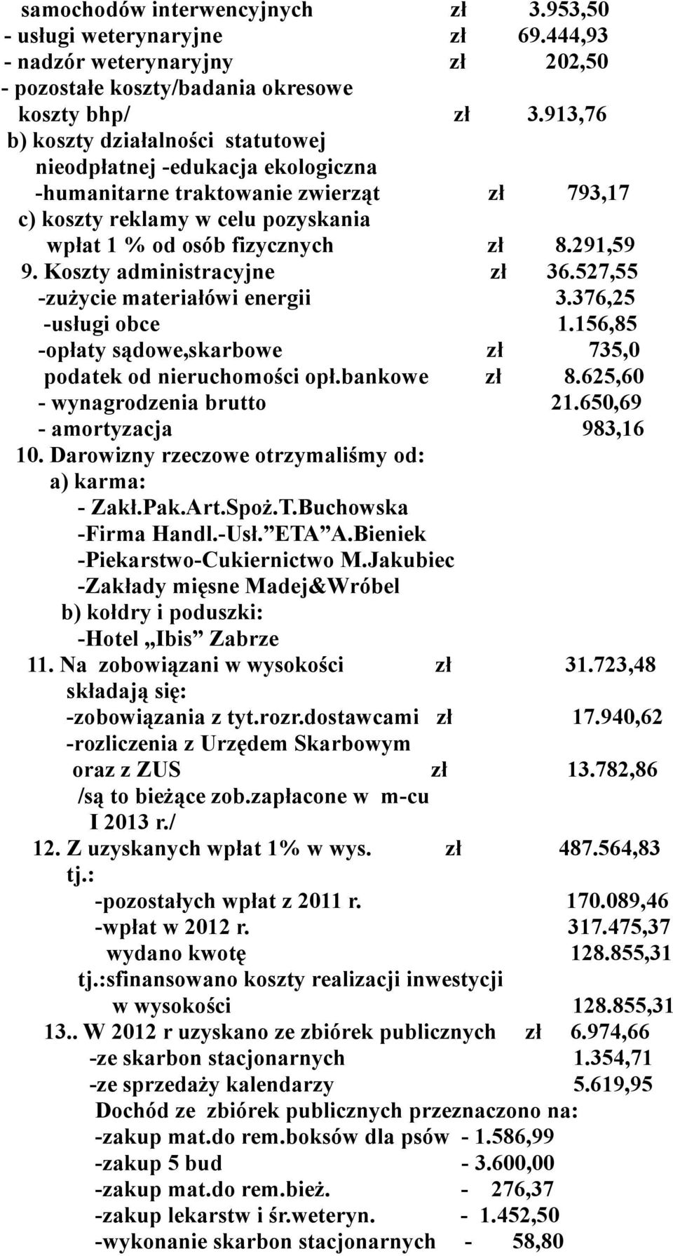 Koszty administracyjne zł 36.527,55 -zużycie materiałówi energii 3.376,25 -usługi obce 1.156,85 -opłaty sądowe,skarbowe zł 735,0 podatek od nieruchomości opł.bankowe zł 8.