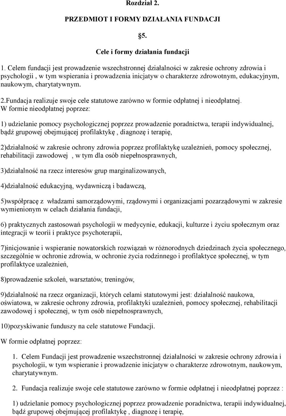 charytatywnym. 2.Fundacja realizuje swoje cele statutowe zarówno w formie odpłatnej i nieodpłatnej.