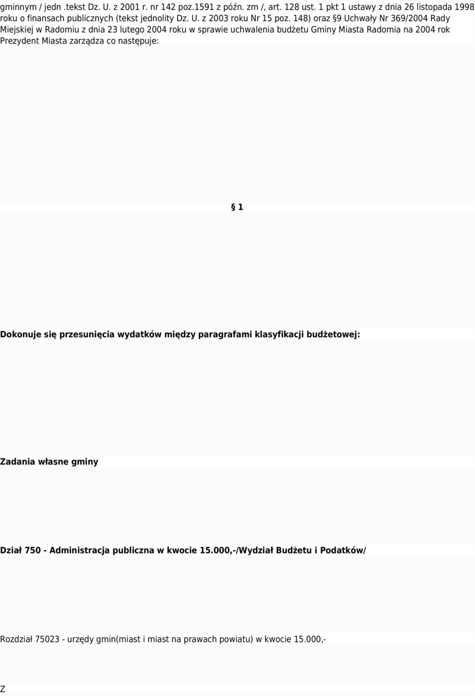 148) oraz 9 Uchwały Nr 369/2004 Rady Miejskiej w Radomiu z dnia 23 lutego 2004 roku w sprawie uchwalenia budżetu Gminy Miasta Radomia na 2004 rok Prezydent Miasta