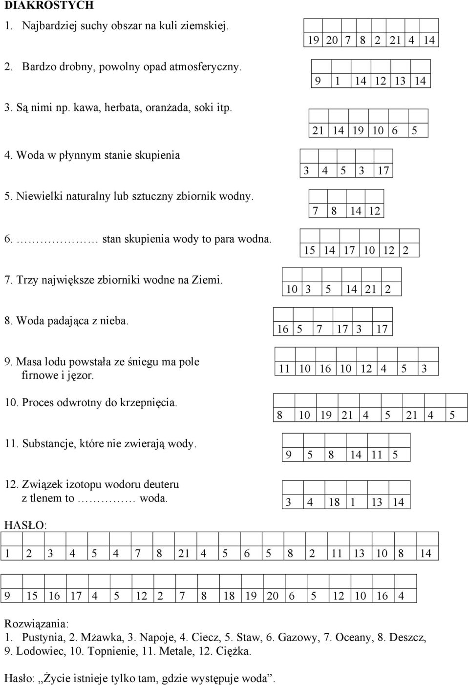 Woda padająca z nieba. 9. Masa lodu powstała ze śniegu ma pole firnowe i jęzor. 10. Proces odwrotny do krzepnięcia. 11. Substancje, które nie zwierają wody. 12.