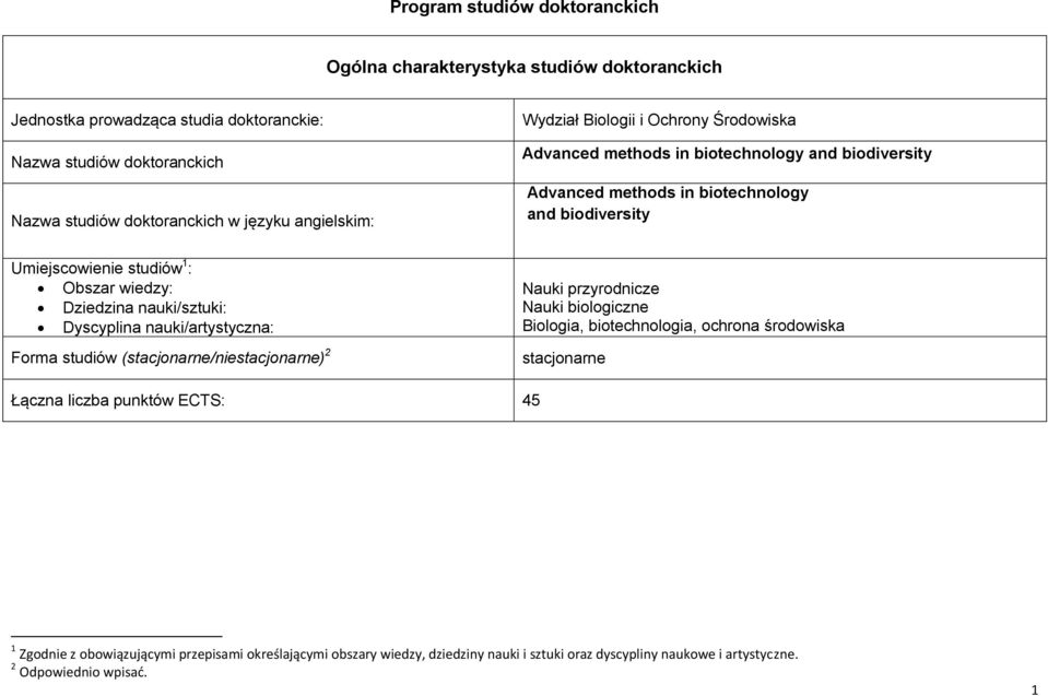 Obszar wiedzy: Dziedzina nauki/sztuki: Dyscyplina nauki/artystyczna: Forma studiów (stacjonarne/niestacjonarne) Nauki przyrodnicze Nauki biologiczne Biologia, biotechnologia, ochrona