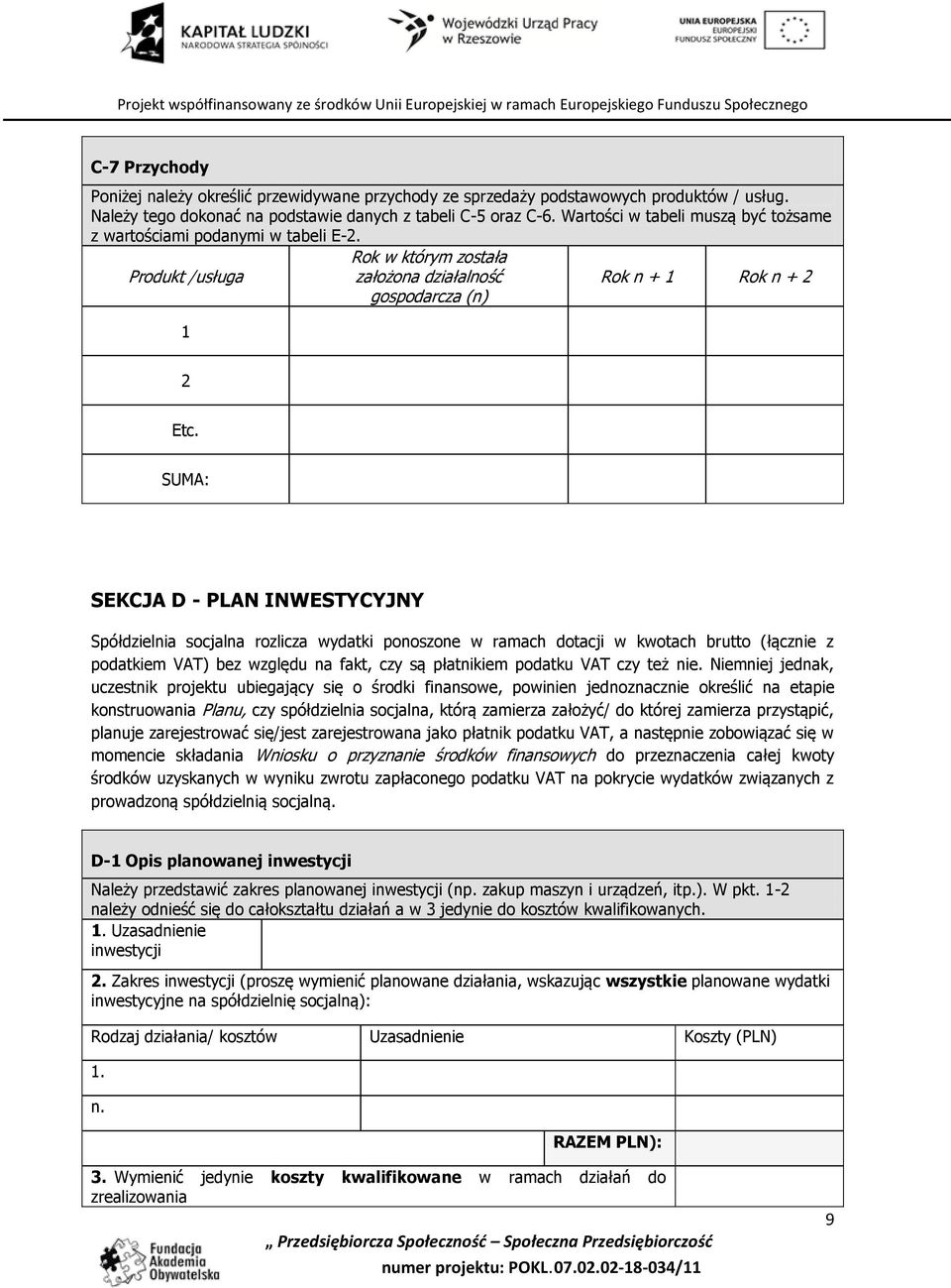 SUMA: SEKCJA D - PLAN INWESTYCYJNY Spółdzielnia socjalna rozlicza wydatki ponoszone w ramach dotacji w kwotach brutto (łącznie z podatkiem VAT) bez względu na fakt, czy są płatnikiem podatku VAT czy