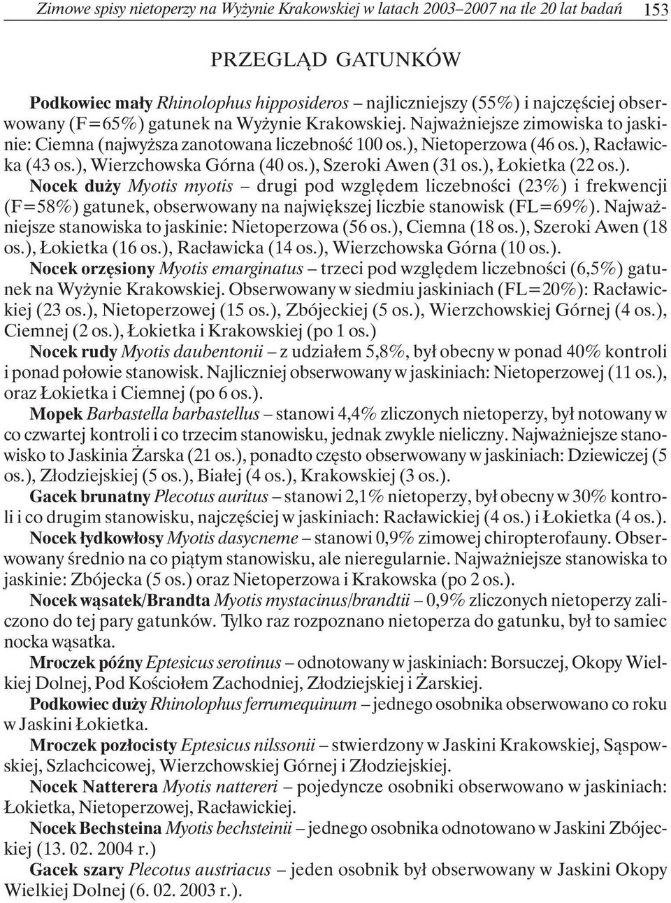 ), Szeroki Awen (31 os.), Łokietka (22 os.). Nocek duży Myotis myotis drugi pod względem liczebności (23%) i frekwencji (F=58%) gatunek, obserwowany na największej liczbie stanowisk (FL=69%).
