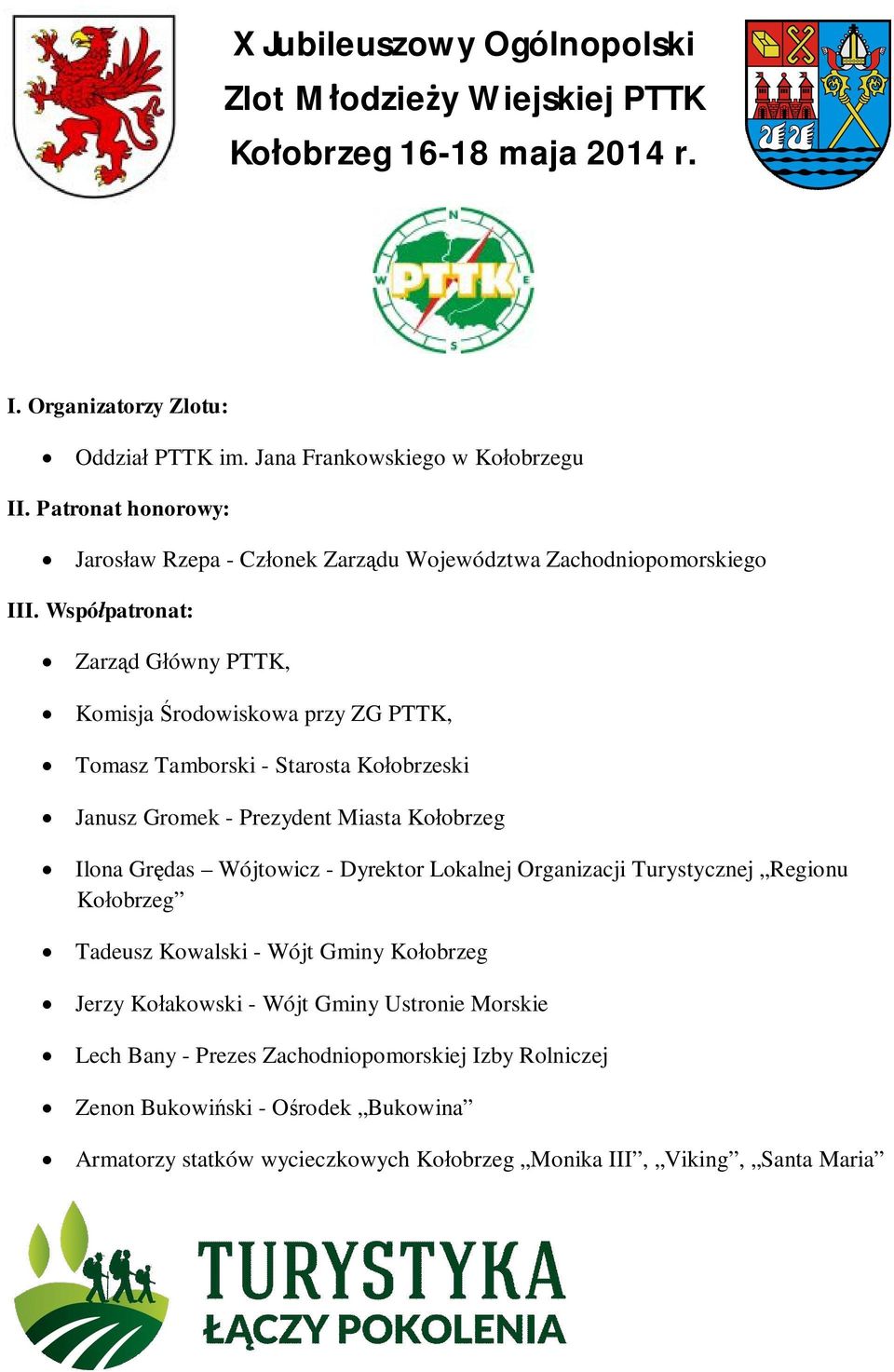 Współpatronat: Zarząd Główny PTTK, Komisja Środowiskowa przy ZG PTTK, Tomasz Tamborski - Starosta Kołobrzeski Janusz Gromek - Prezydent Miasta Kołobrzeg Ilona Grędas Wójtowicz -