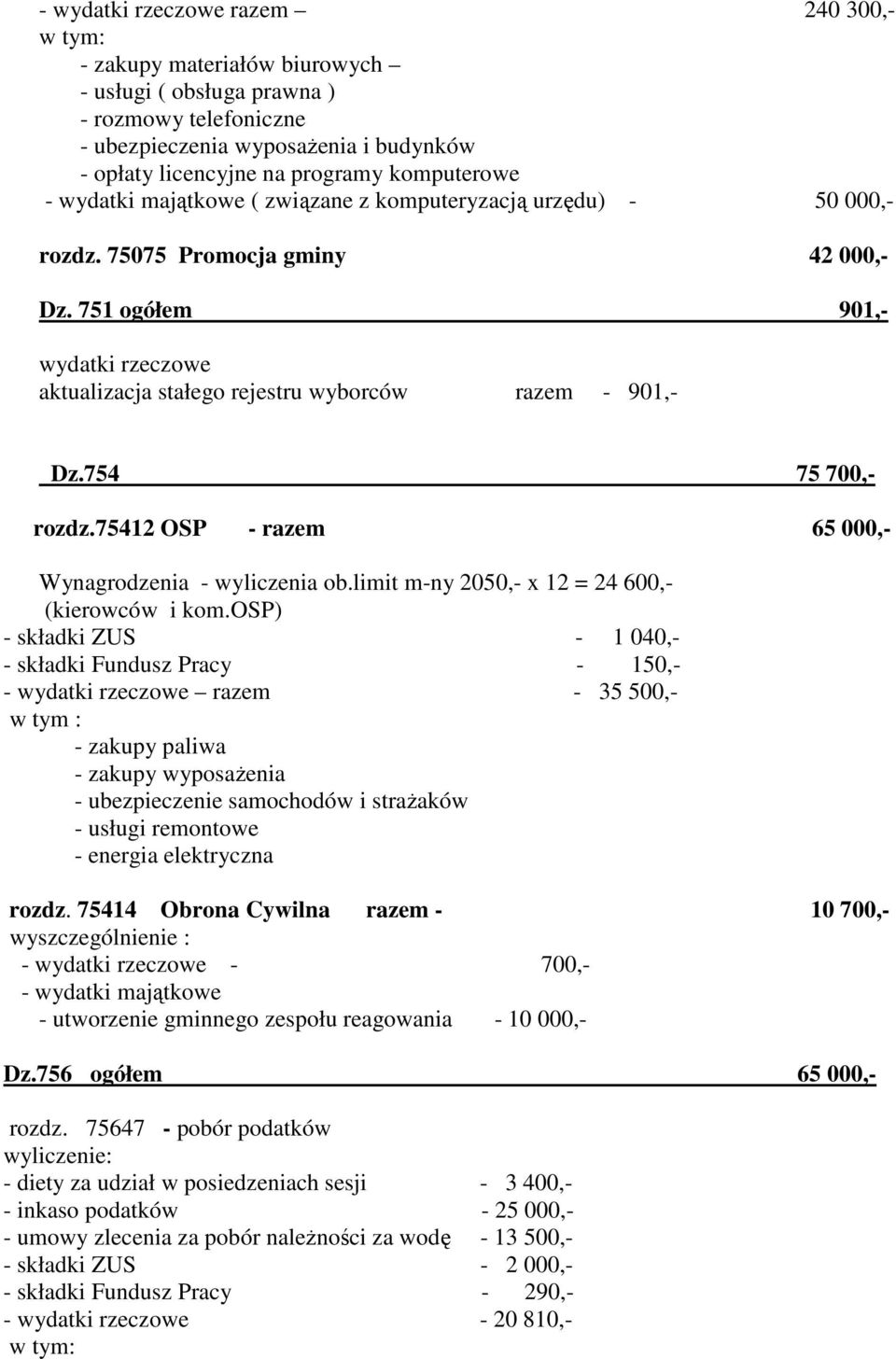 754 75 700,- rozdz.75412 OSP - razem 65 000,- Wynagrodzenia - wyliczenia ob.limit m-ny 2050,- x 12 = 24 600,- (kierowców i kom.