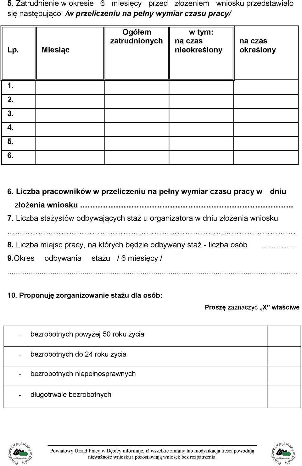 . 7. Liczba stażystów odbywających staż u organizatora w dniu złożenia wniosku. 8. Liczba miejsc pracy, na których będzie odbywany staż - liczba osób.. 9.