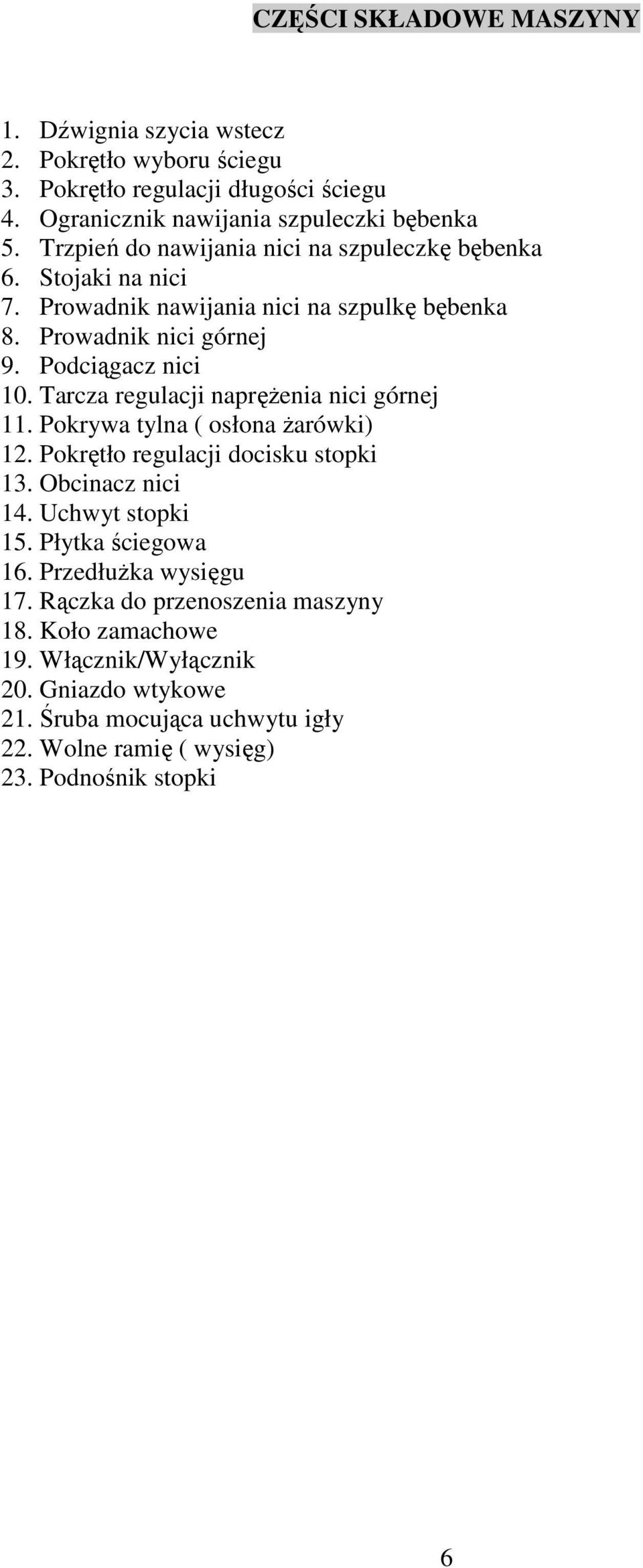 Tarcza regulacji naprężenia nici górnej 11. Pokrywa tylna ( osłona żarówki) 12. Pokrętło regulacji docisku stopki 13. Obcinacz nici 14. Uchwyt stopki 15. Płytka ściegowa 16.