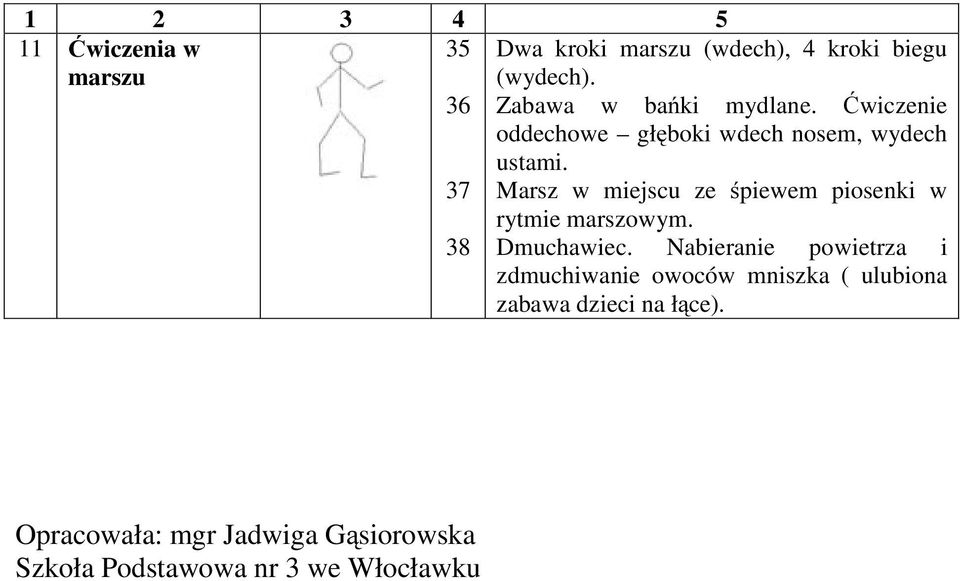 37 Marsz w miejscu ze śpiewem piosenki w rytmie marszowym. 38 Dmuchawiec.