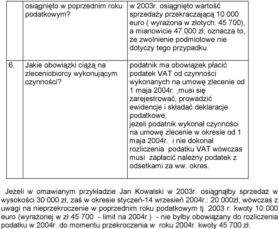 podatnik ma obowiązek płacić podatek VAT od czynności wykonanych na umowę zlecenie od 1 maja 2004r.