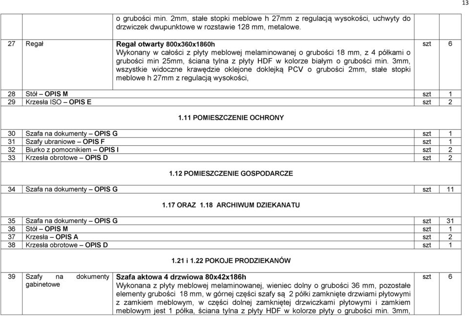 3mm, wszystkie widoczne krawędzie oklejone doklejką PCV o grubości 2mm, stałe stopki meblowe h 27mm z regulacją wysokości, szt 6 28 Stół OPIS M szt 1 29 Krzesła ISO OPIS E szt 2 1.