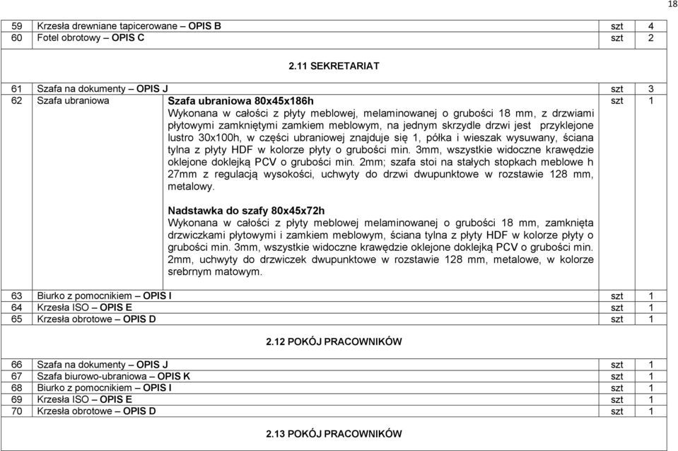 zamkiem meblowym, na jednym skrzydle drzwi jest przyklejone lustro 30x100h, w części ubraniowej znajduje się 1, półka i wieszak wysuwany, ściana tylna z płyty HDF w kolorze płyty o grubości min.