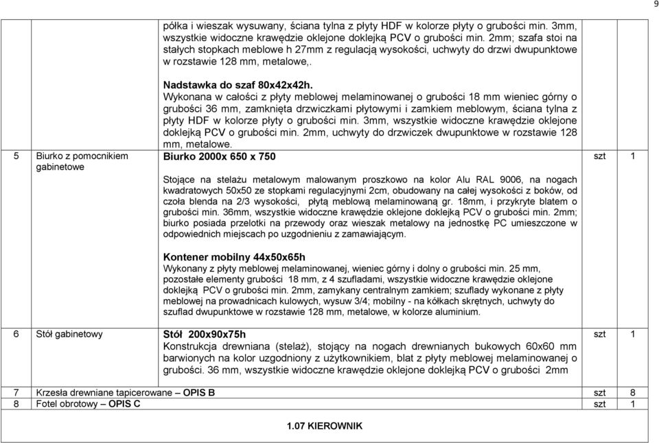 Wykonana w całości z płyty meblowej melaminowanej o grubości 18 mm wieniec górny o grubości 36 mm, zamknięta drzwiczkami płytowymi i zamkiem meblowym, ściana tylna z płyty HDF w kolorze płyty o