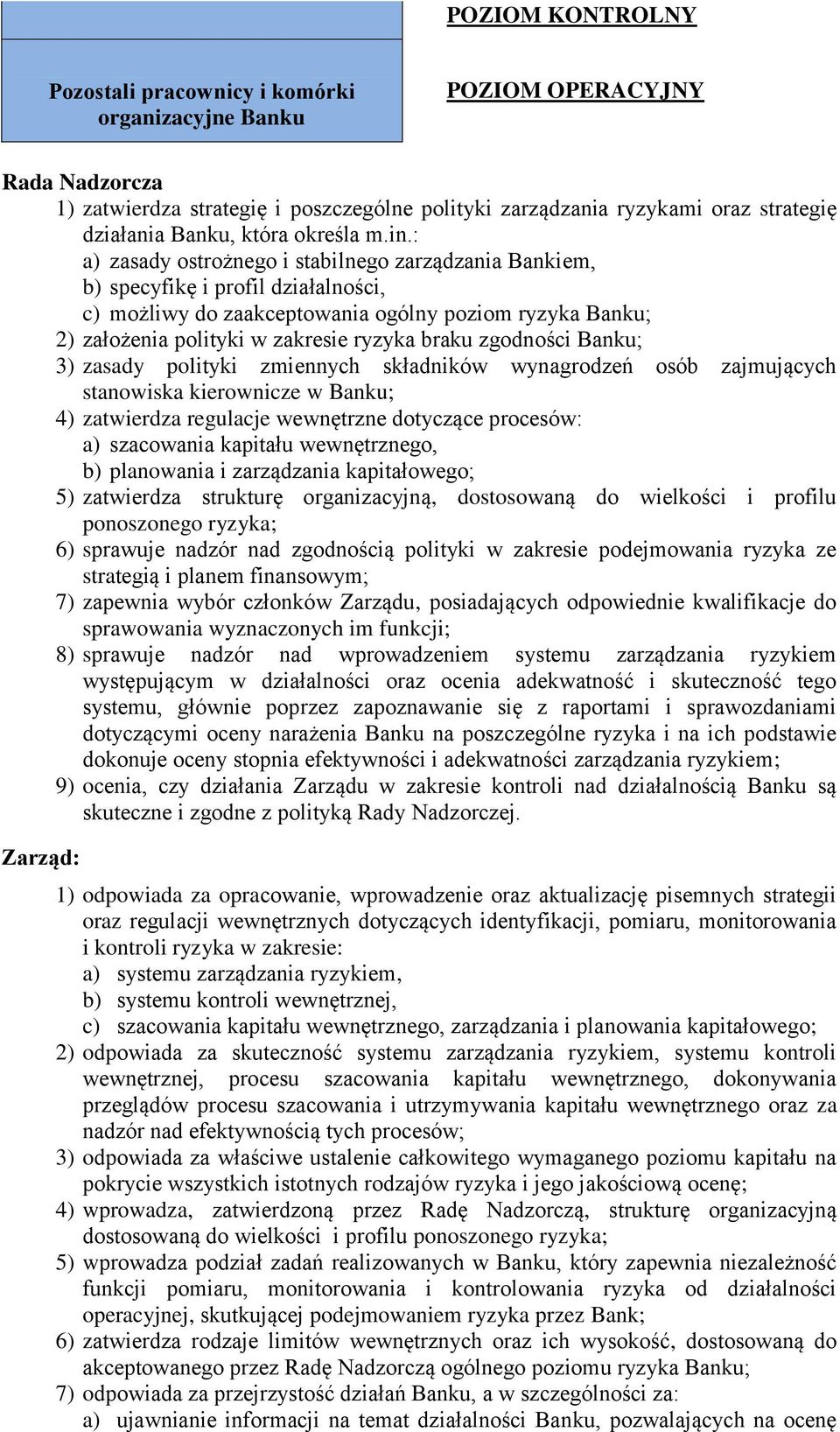 : a) zasady ostrożnego i stabilnego zarządzania Bankiem, b) specyfikę i profil działalności, c) możliwy do zaakceptowania ogólny poziom ryzyka Banku; 2) założenia polityki w zakresie ryzyka braku