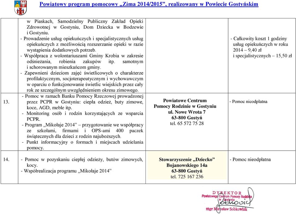 - Współpraca z wolontariuszami Gminy Krobia w zakresie odśnieżania, robienia zakupów itp. samotnym i schorowanym mieszkańcom gminy.