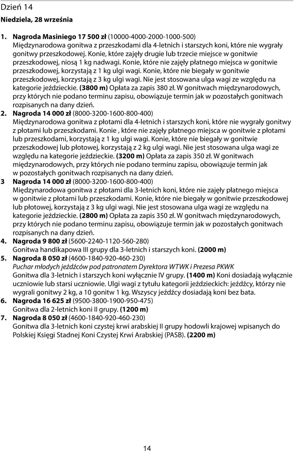 Konie, które nie biegały w gonitwie przeszkodowej, korzystają z 3 kg ulgi wagi. Nie jest stosowana ulga wagi ze względu na kategorie jeździeckie. (3800 m) Opłata za zapis 380 zł.