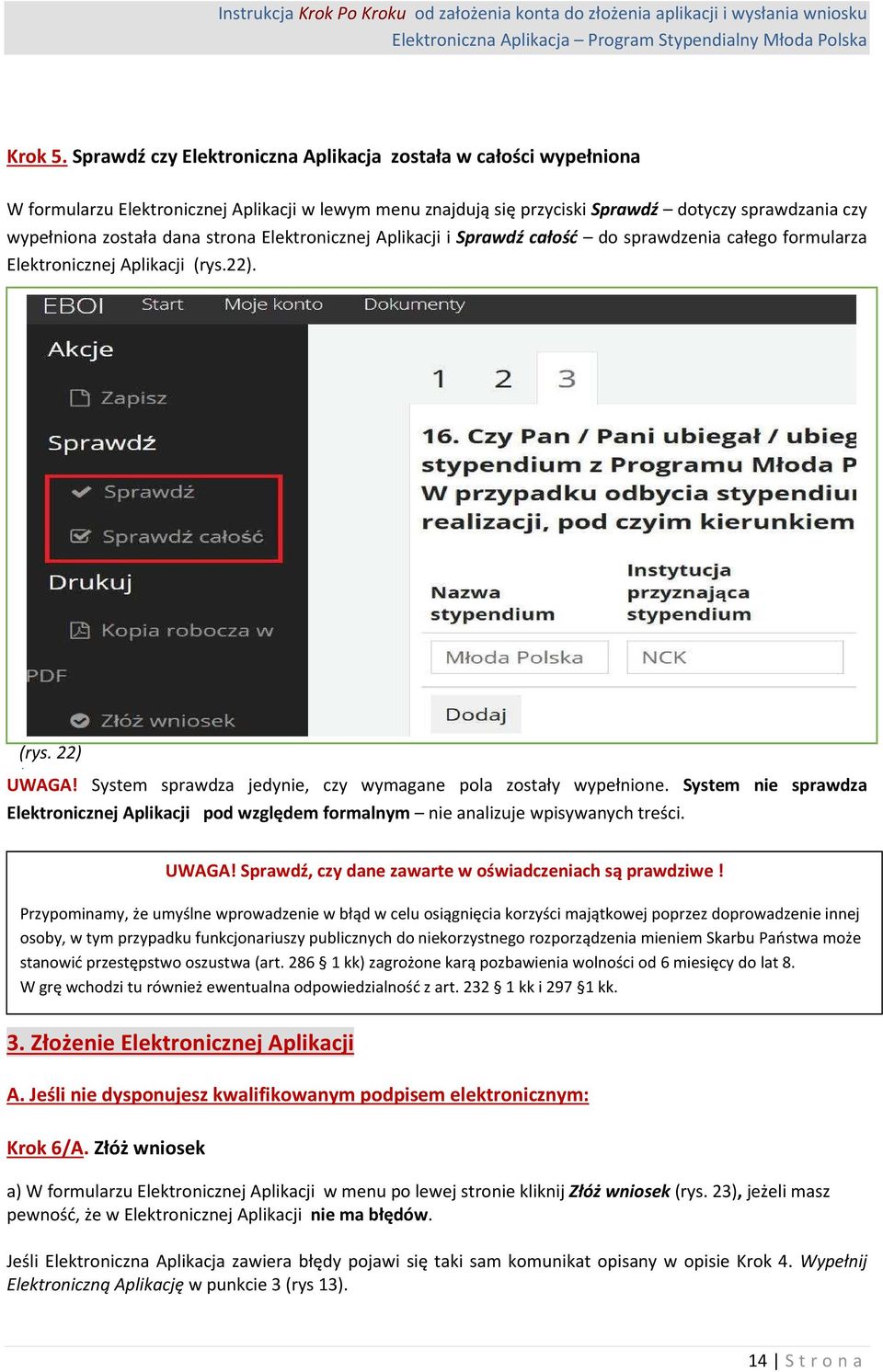 strona Elektronicznej Aplikacji i Sprawdź całość do sprawdzenia całego formularza Elektronicznej Aplikacji (rys.22). (rys. 22) ) UWAGA! System sprawdza jedynie, czy wymagane pola zostały wypełnione.
