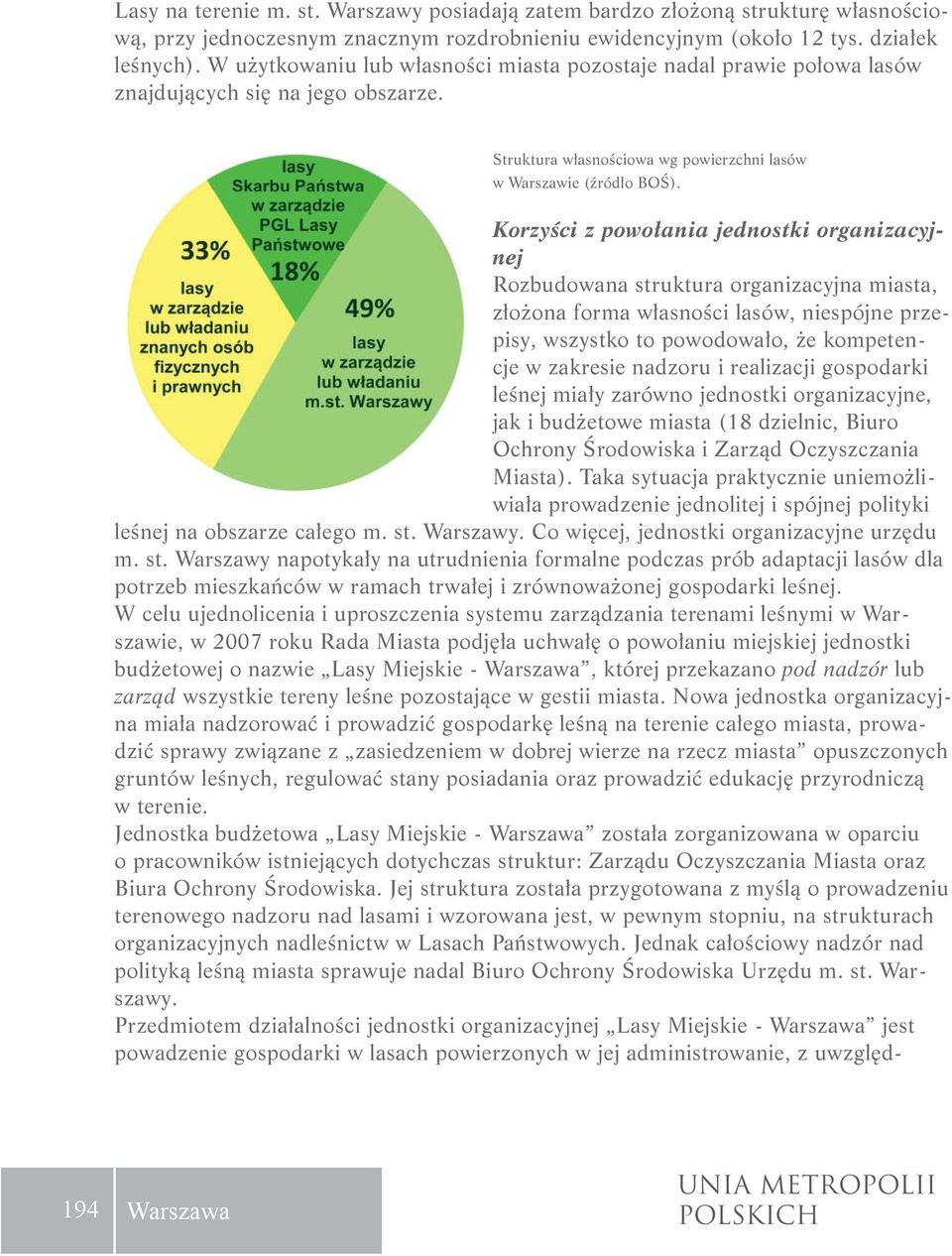 Korzyści z powołania jednostki organizacyjnej Rozbudowana struktura organizacyjna miasta, złożona forma własności lasów, niespójne przepisy, wszystko to powodowało, że kompetencje w zakresie nadzoru