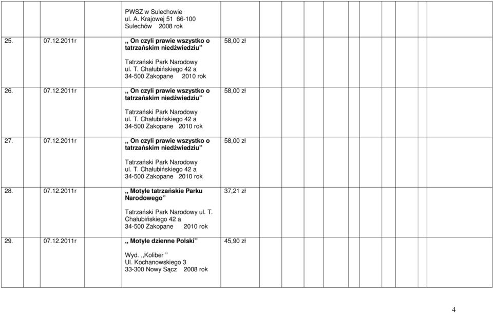 07.12.2011r,, Motyle tatrzańskie Parku Narodowego 37,21 zł Tatrzański Park Narodowy ul. T. Chałubińskiego 42 a 34-500 Zakopane 2010 rok 29. 07.12.2011r,, Motyle dzienne Polski 45,90 zł Wyd.