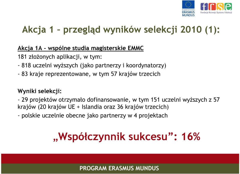 Wyniki selekcji: - 29 projektów otrzymało dofinansowanie, w tym 151 uczelni wyŝszych z 57 krajów (20 krajów UE +