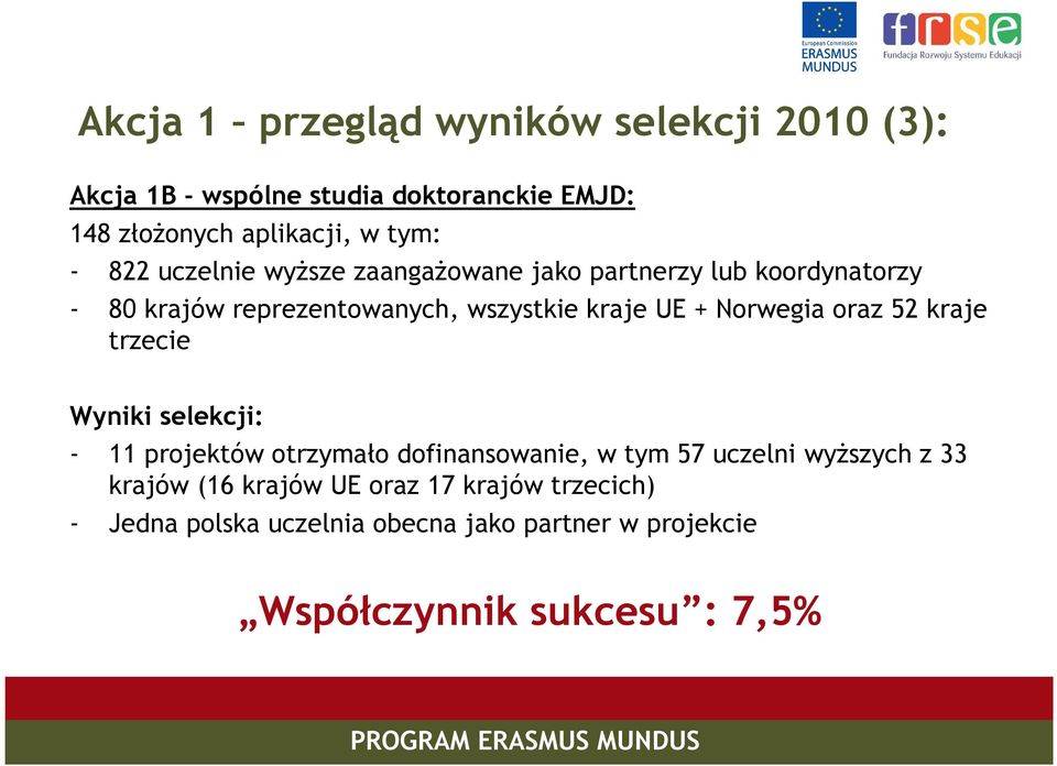 Norwegia oraz 52 kraje trzecie Wyniki selekcji: - 11 projektów otrzymało dofinansowanie, w tym 57 uczelni wyŝszych z 33
