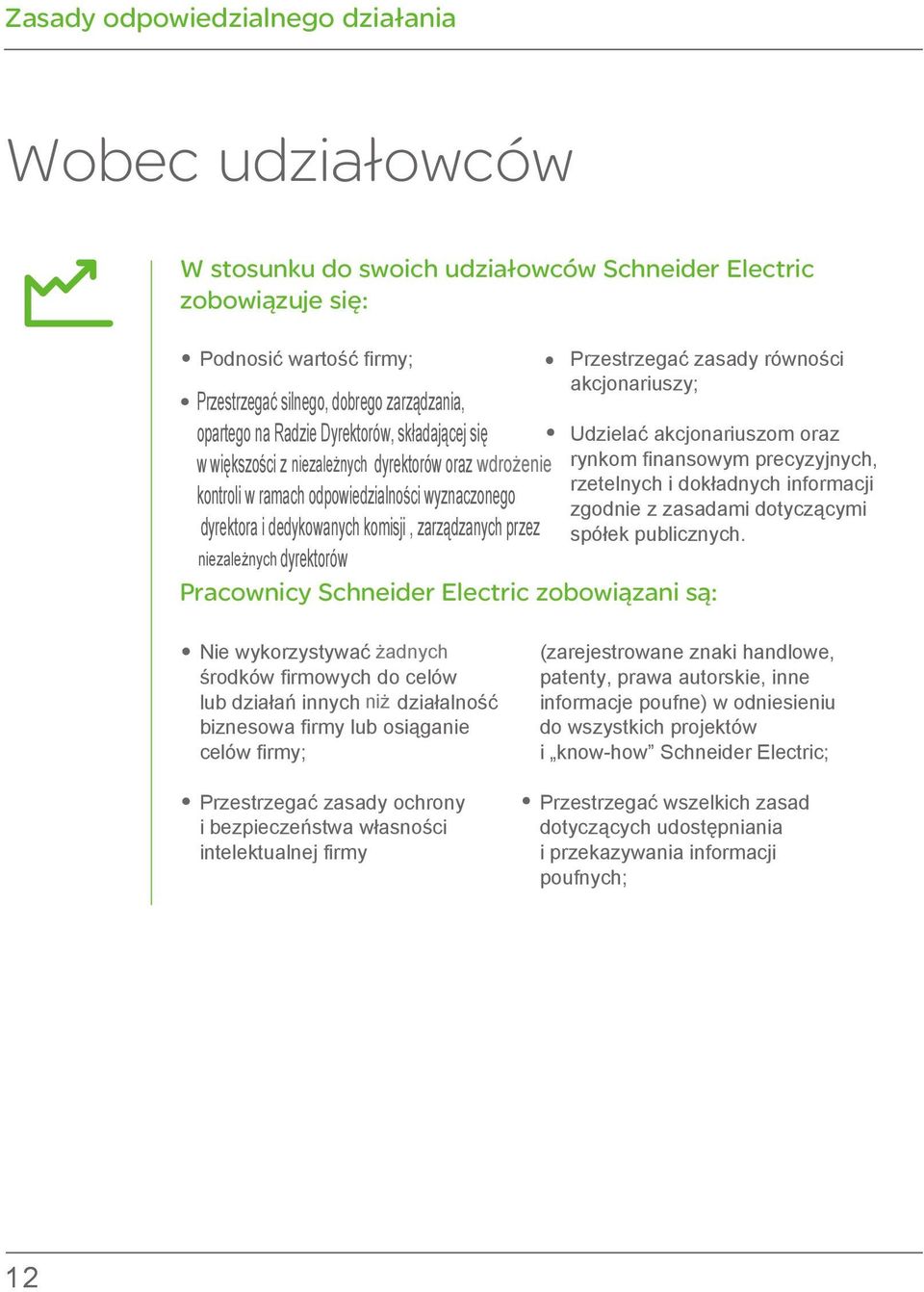 dyrektora i dedykowanych komisji, zarządzanych przez niezaleŝnych dyrektorów Pracownicy Schneider Electric zobowiązani są: Udzielać akcjonariuszom oraz rynkom finansowym precyzyjnych, rzetelnych i