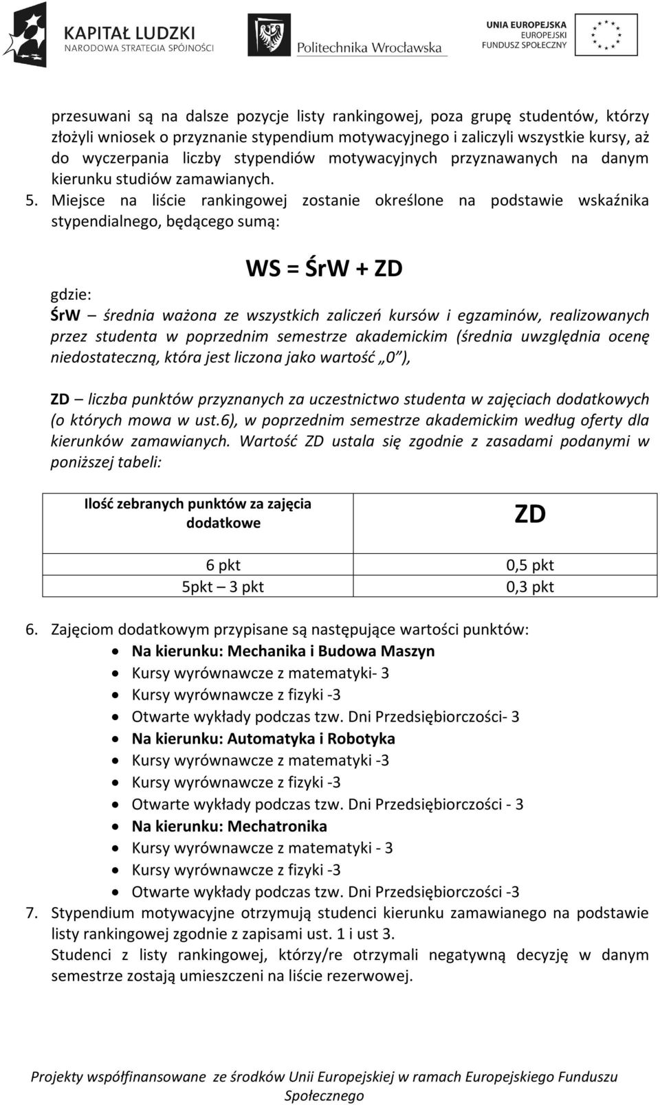 Miejsce na liście rankingowej zostanie określone na podstawie wskaźnika stypendialnego, będącego sumą: WS = ŚrW + ZD gdzie: ŚrW średnia ważona ze wszystkich zaliczeń kursów i egzaminów, realizowanych