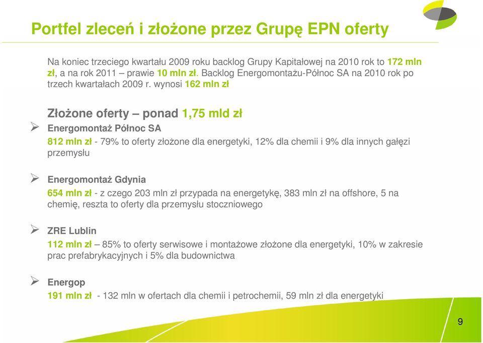 wynosi 162 mln zł ZłoŜone oferty ponad 1,75 mld zł EnergomontaŜ Północ SA 812 mln zł - 79% to oferty złoŝone dla energetyki, 12% dla chemii i 9% dla innych gałęzi przemysłu EnergomontaŜ Gdynia 654