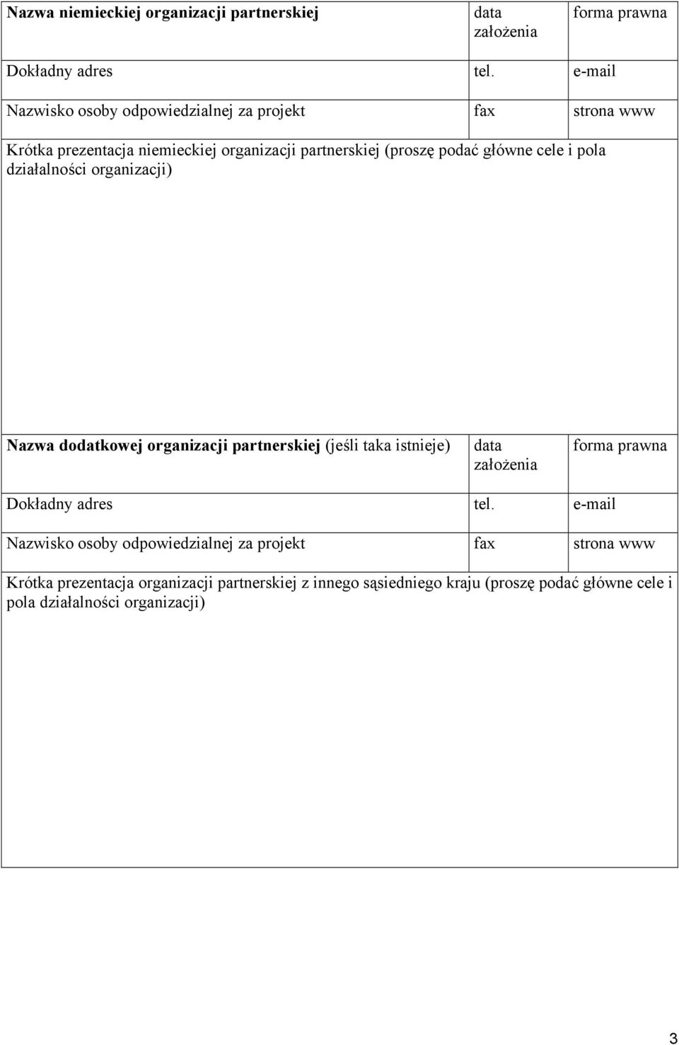 cele i pola działalności organizacji) Nazwa dodatkowej organizacji partnerskiej (jeśli taka istnieje) założenia forma prawna Dokładny adres