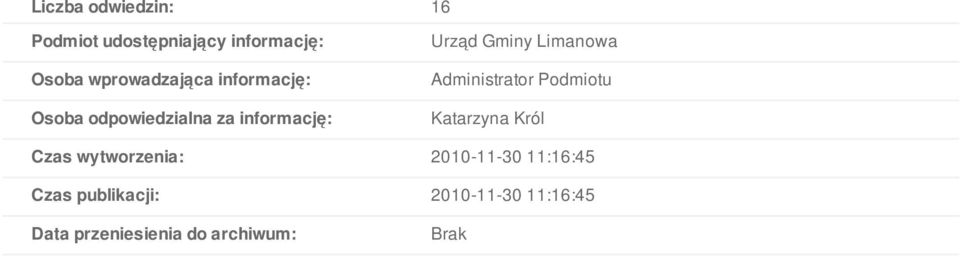 Limanowa Administrator Podmiotu Katarzyna Król Czas wytworzenia: