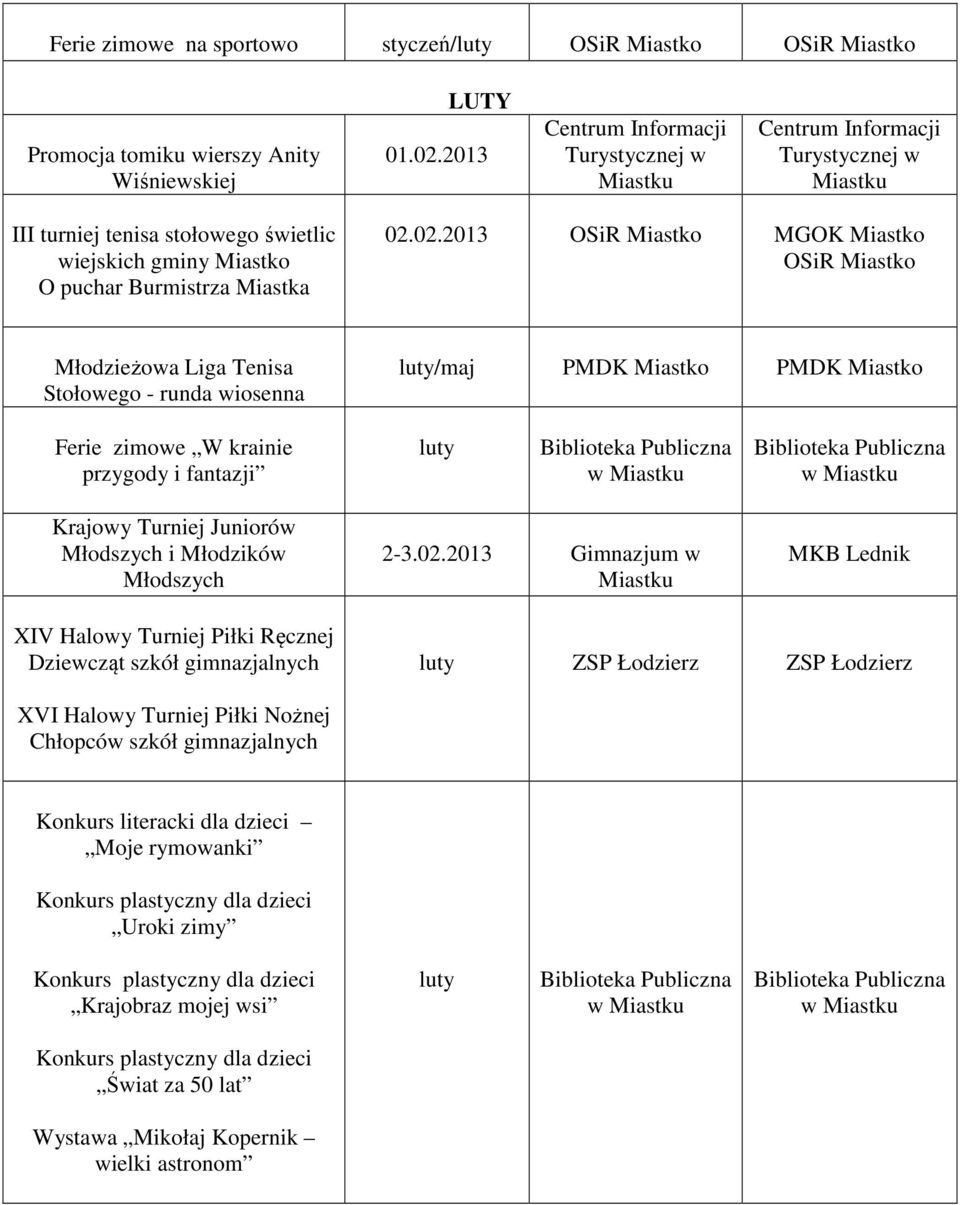 02.2013 OSiR Miastko OSiR Miastko Młodzieżowa Liga Tenisa Stołowego - runda wiosenna luty/maj PMDK Miastko PMDK Miastko Ferie zimowe W krainie przygody i fantazji luty Krajowy Turniej Juniorów