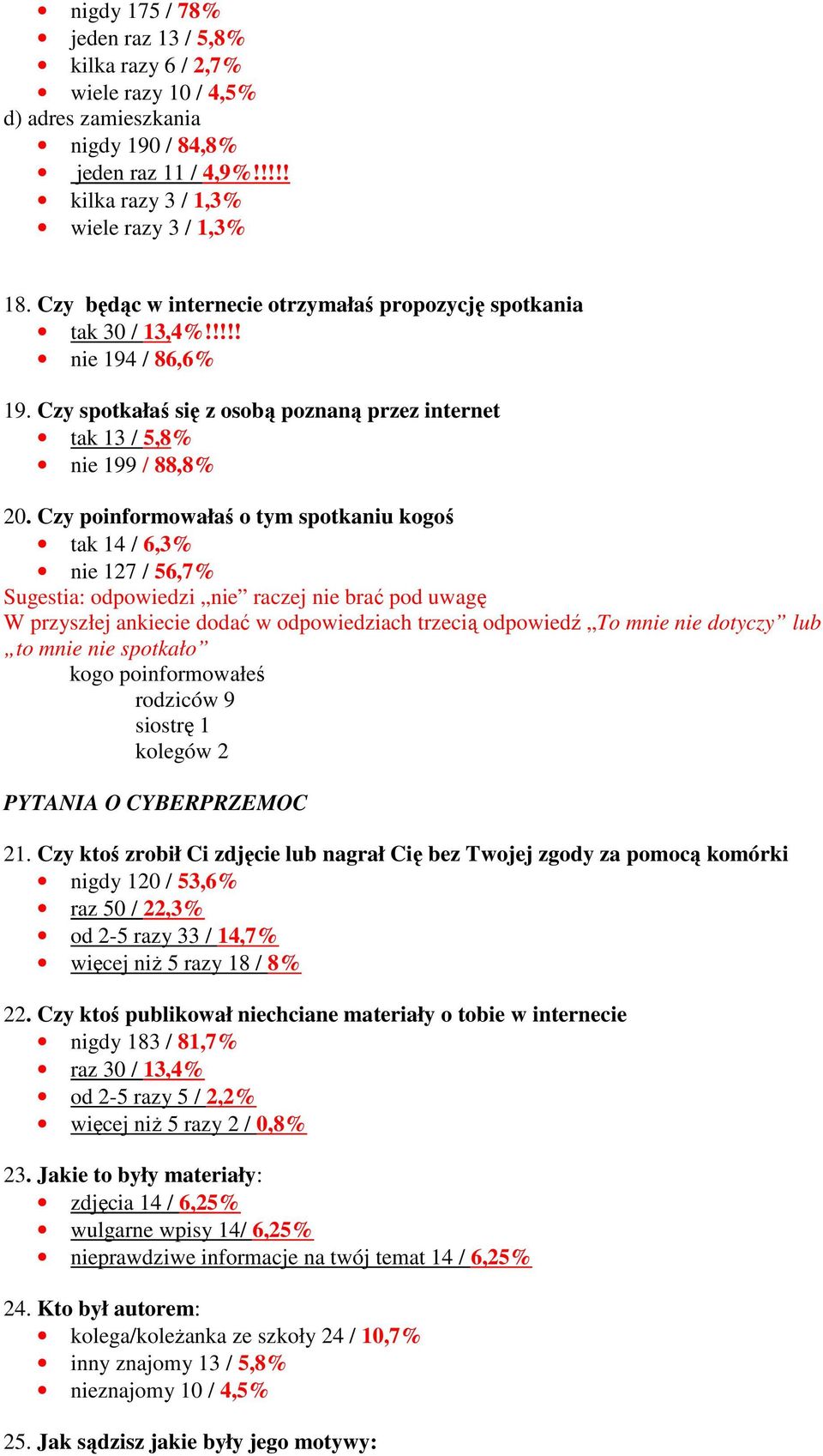 Czy poinformowałaś o tym spotkaniu kogoś tak 14 / 6,3% nie 127 / 56,7% Sugestia: odpowiedzi nie raczej nie brać pod uwagę W przyszłej ankiecie dodać w odpowiedziach trzecią odpowiedź To mnie nie