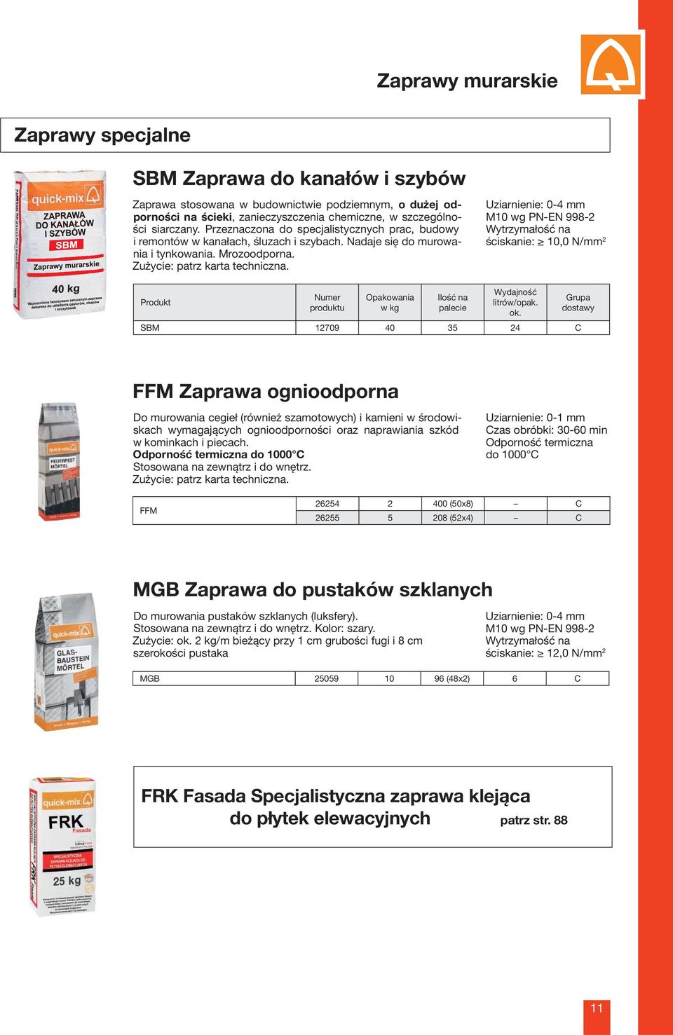 M10 wg PN-EN 998-2 ściskanie: 10,0 N/mm 2 SBM 12709 40 35 24 C FFM Zaprawa ognioodporna Do murowania cegieł (również szamotowych) i kamieni w środowiskach wymagających ognioodporności oraz