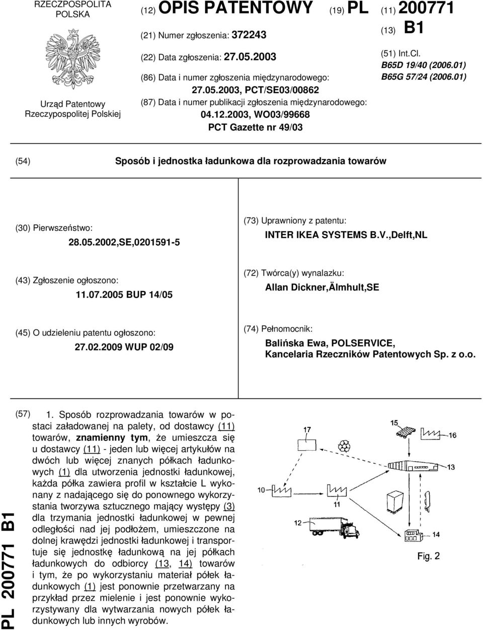 B65D 19/40 (2006.01) B65G 57/24 (2006.01) (54) Sposób i jednostka ładunkowa dla rozprowadzania towarów (30) Pierwszeństwo: 28.05.2002,SE,0201591-5 (73) Uprawniony z patentu: INTER IKEA SYSTEMS B.V.