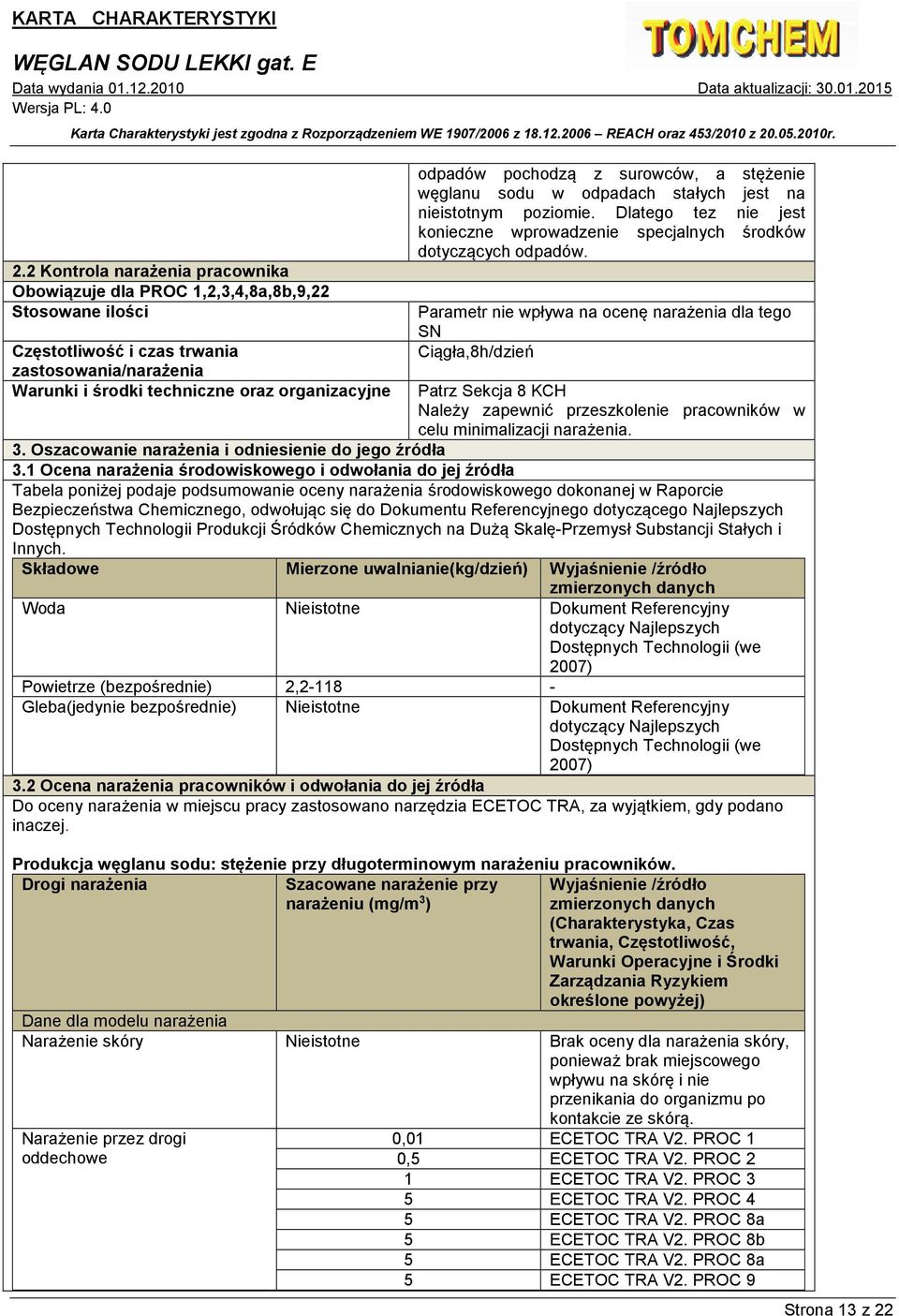 Parametr nie wpływa na ocenę narażenia dla tego SN Ciągła,8h/dzień Częstotliwość i czas trwania zastosowania/narażenia Warunki i środki techniczne oraz organizacyjne Patrz Sekcja 8 KCH Należy