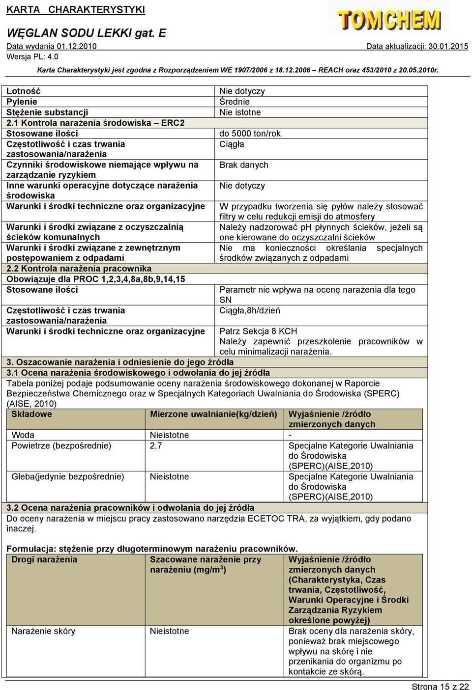 ryzykiem Inne warunki operacyjne dotyczące narażenia Nie dotyczy środowiska Warunki i środki techniczne oraz organizacyjne W przypadku tworzenia się pyłów należy stosować filtry w celu redukcji